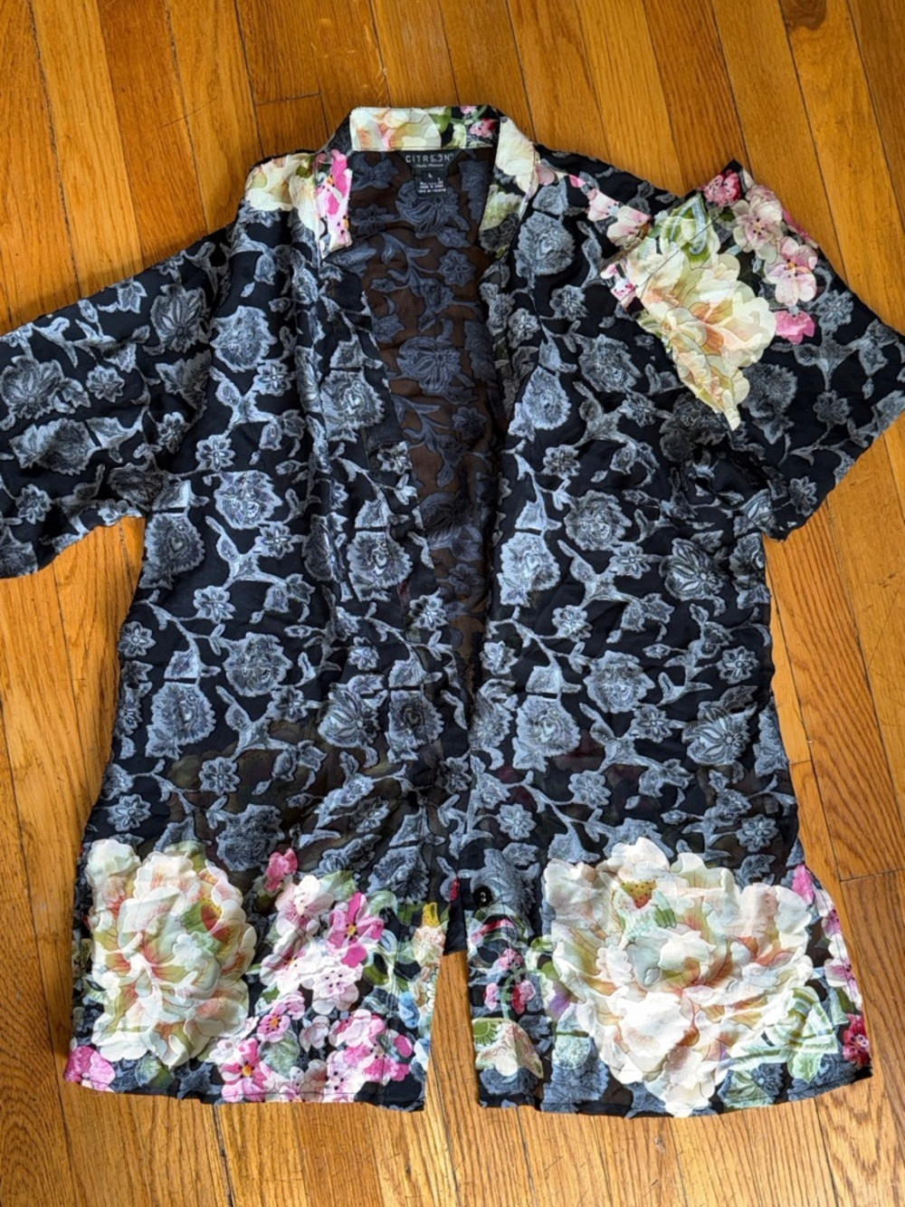 Citron Santa Monica floral semi sheer lace button poncho cardigan size L silk